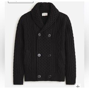 J Crew Medium 100% Wool Shawl Collar Irish Aran Fisherman Cardigan Black BU893
